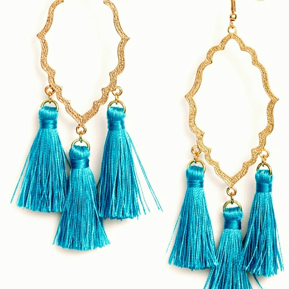 NEW Teal Moroccan Long TASSLE Earrings NWT Boxed - Picture 2 of 6